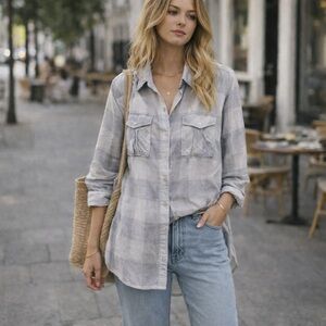 Wilfred Free Cotton Plaid Tunic Shirt Soft Grey Check • Size S